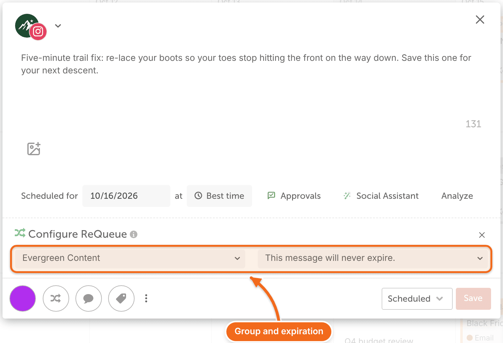 ReQueue options in a social message: the ReQueue group and when the message expires.