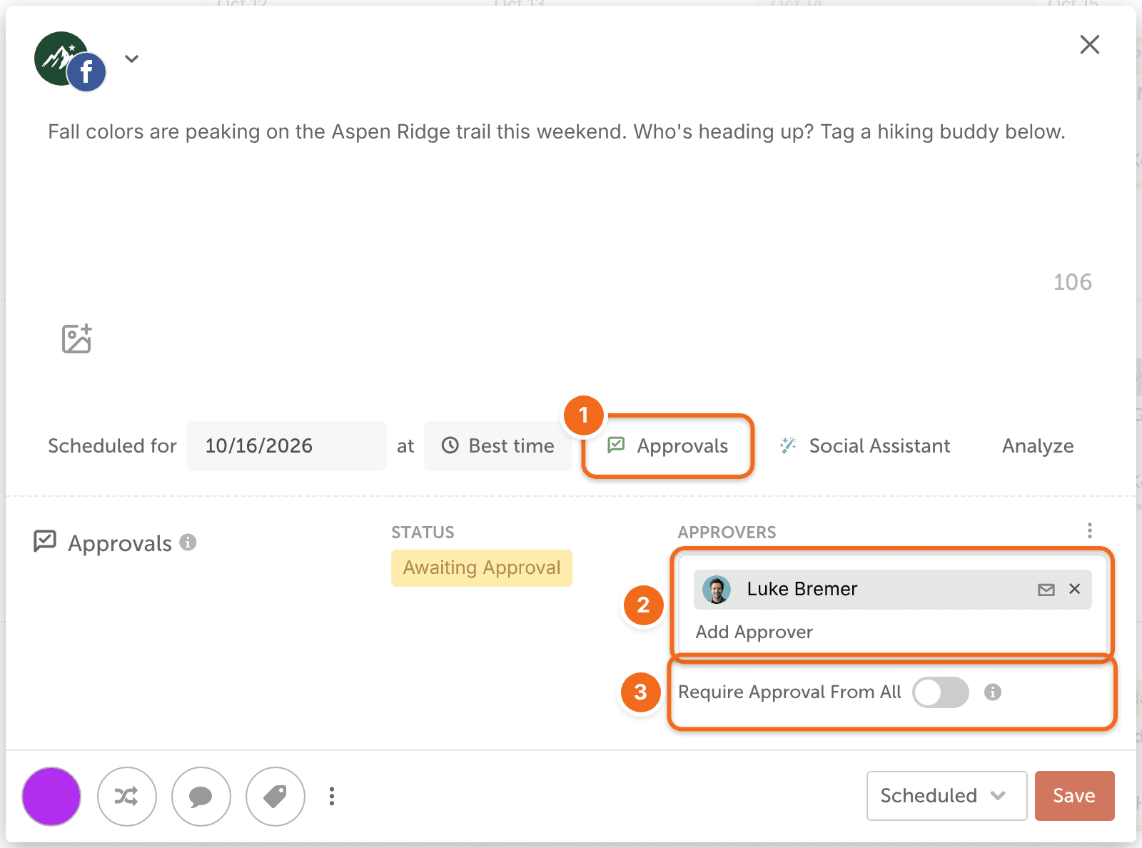The composer's "Approvals" section showing "Status", "Approvers" with "Add Approver", and "Require Approval From All".
