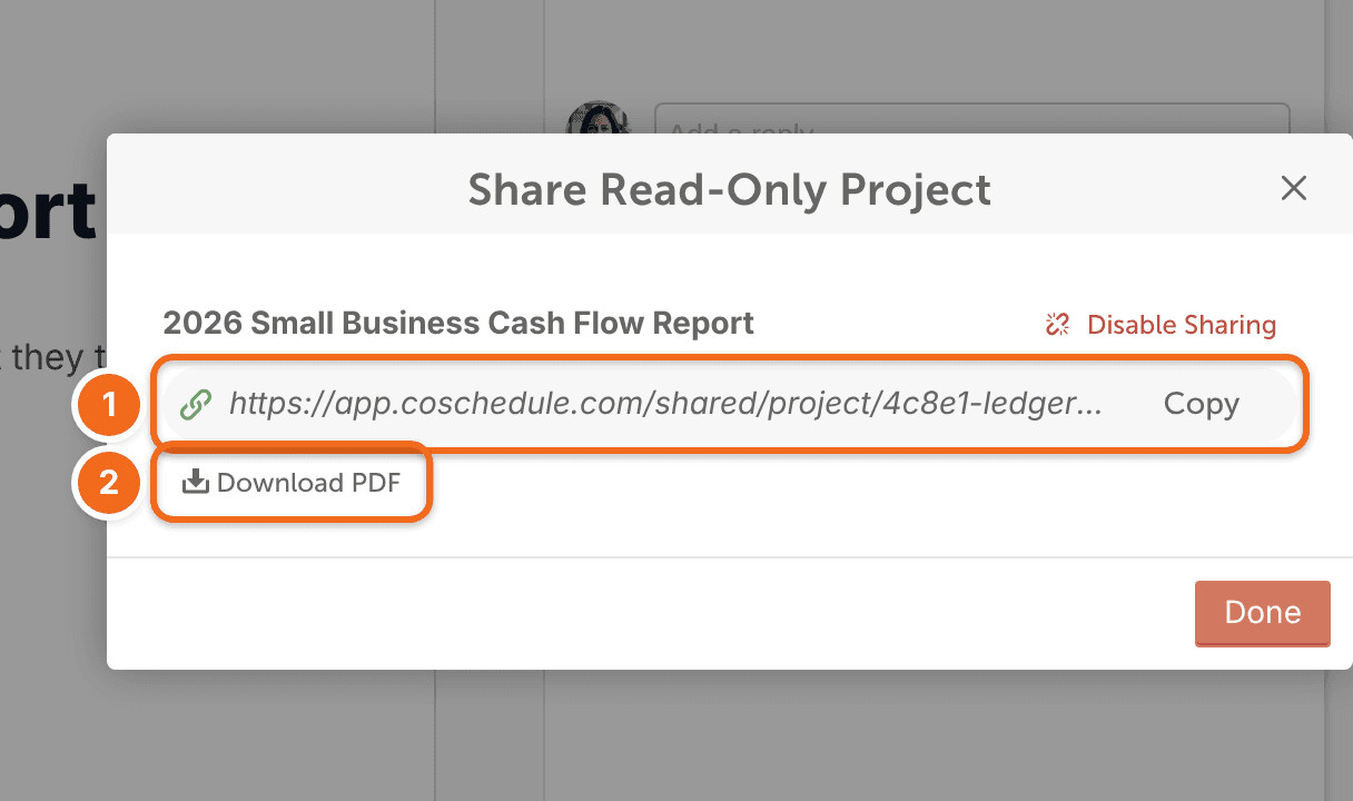 Project share window with sharing turned on, showing the link to copy and the option to download a PDF.