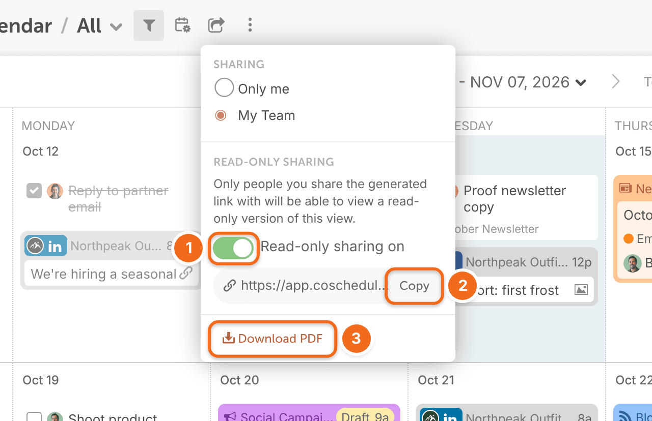 Calendar view share menu with read-only sharing turned on and options to copy the link or download a PDF.