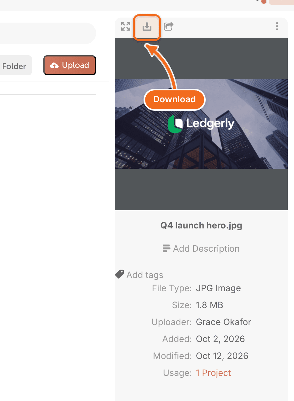 A file selected in Assets, with the Download button in its details.