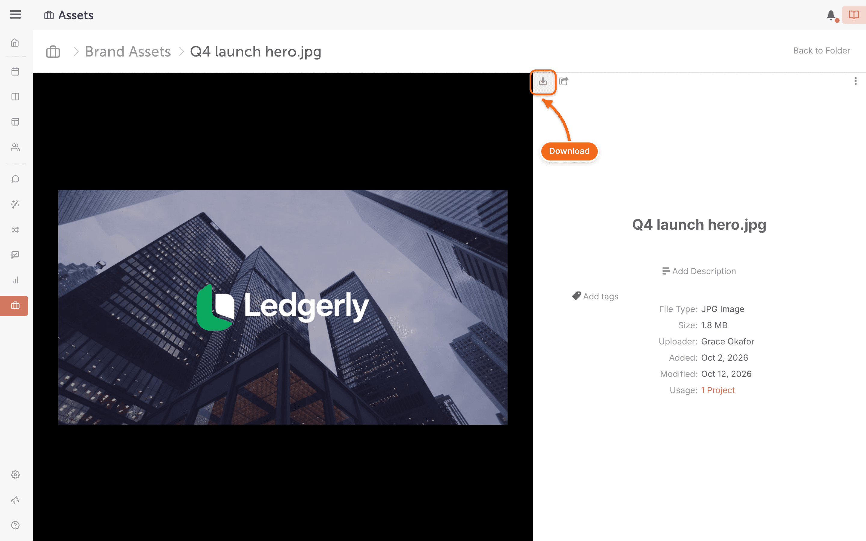 The Download button in a file's preview in Assets.