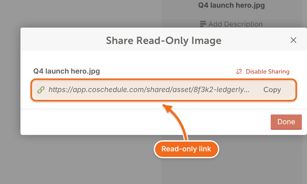 The Share Read-Only window for a file in Assets, with sharing turned on and the read-only link to copy.