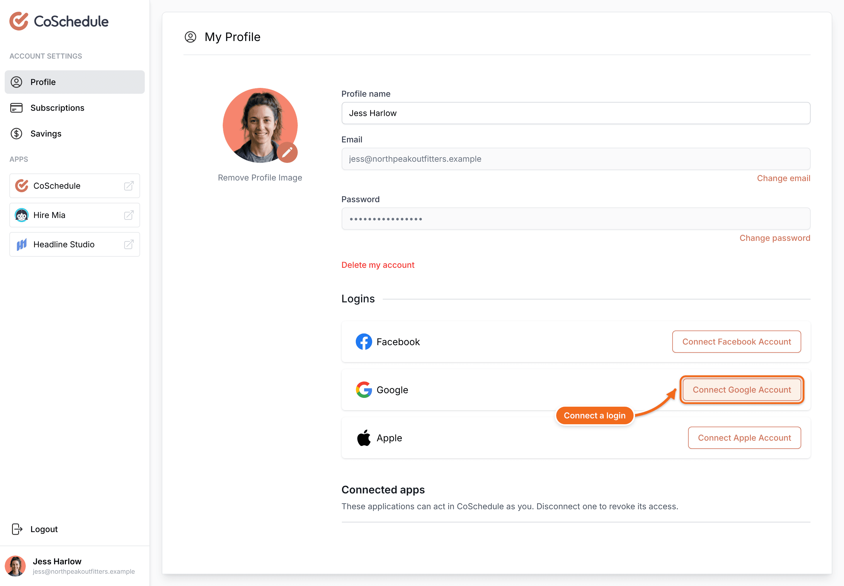 "My Profile" with "Logins" for Facebook, Google and Apple, and "Connect Google Account" highlighted.