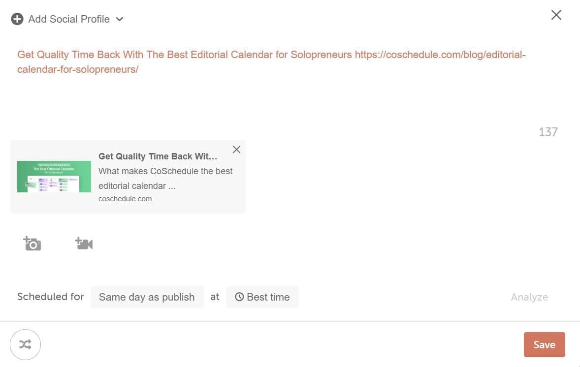 Social message composer with the post title and permalink filled in by text helpers, shown in orange.
