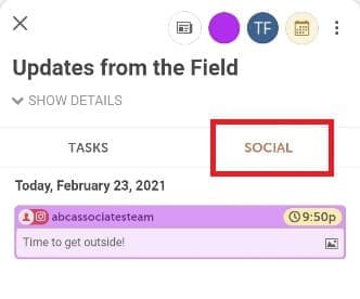 Project open in the CoSchedule mobile app with Social selected, listing the project's social messages.