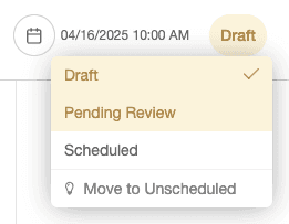Project status menu open with Draft, Pending Review and Scheduled options
