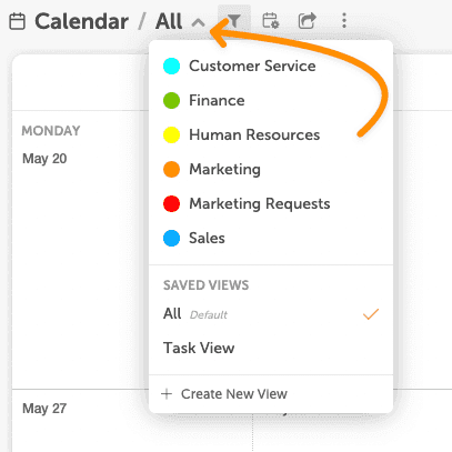 Calendar menu listing a sub-calendar view for each color label alongside saved views.