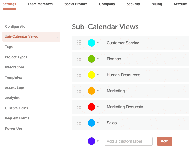 Sub-Calendar Views settings listing color labels, one expanded to choose its social profiles and approvers.