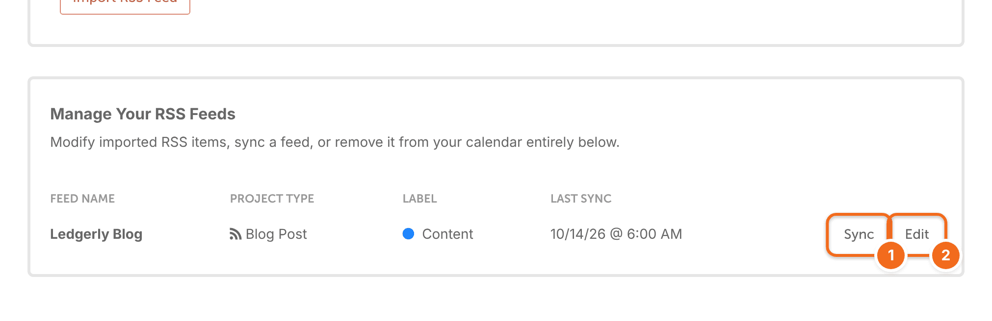 A connected RSS feed on the RSS Feed Sync page with options to edit or sync it.