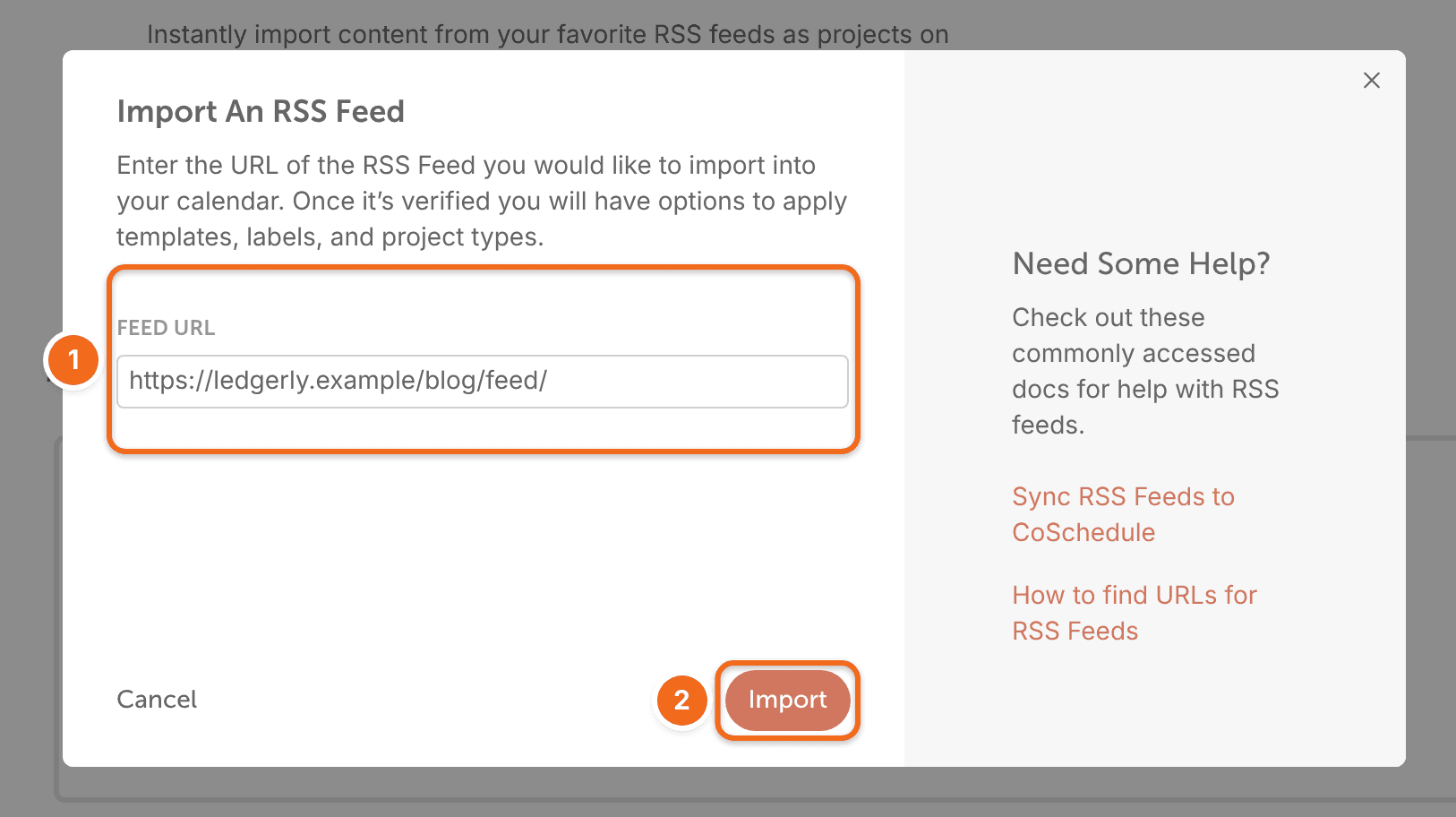 Feed URL box with a pasted RSS feed address and the import button.