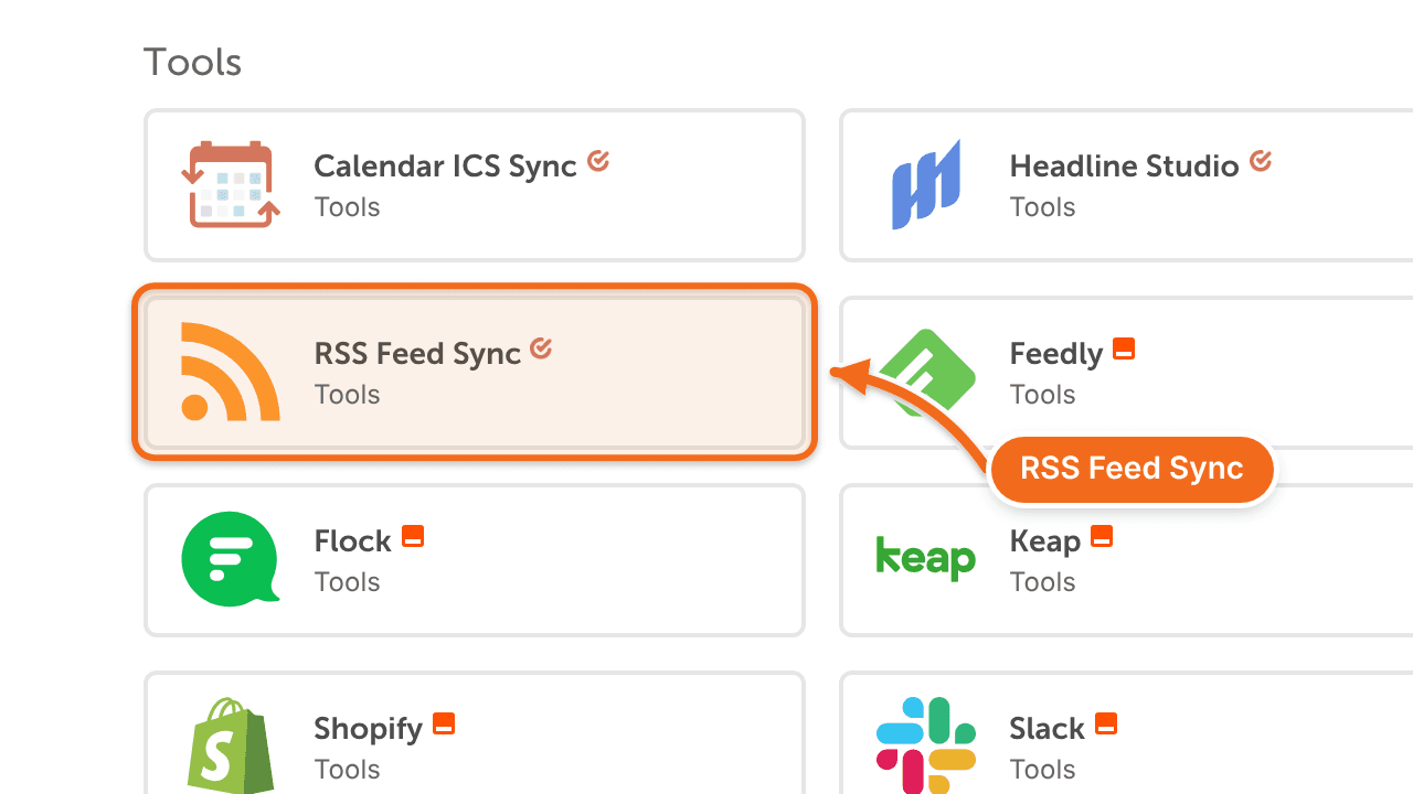 Settings > Integrations, with RSS Feed Sync under Tools.