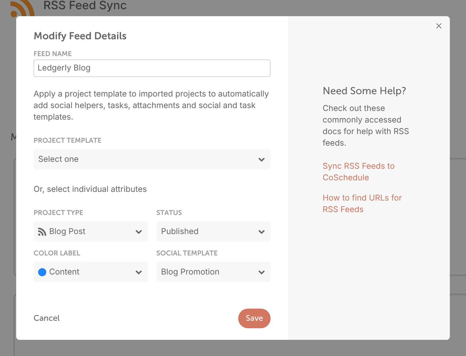 Modify Feed Details panel for choosing a project template, project type, status, color label and social template.