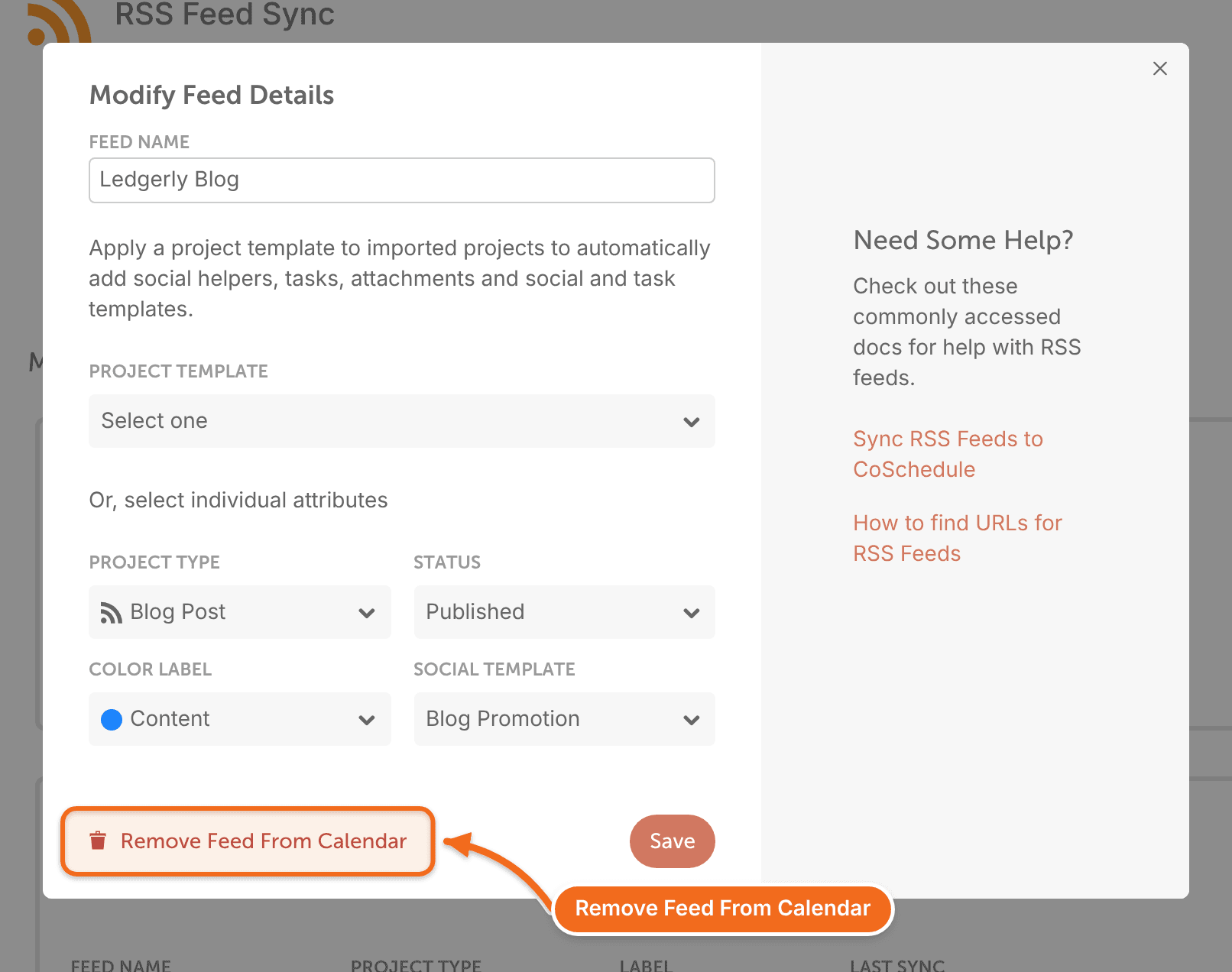 Editing an RSS feed in CoSchedule with the Remove Feed From Calendar option.