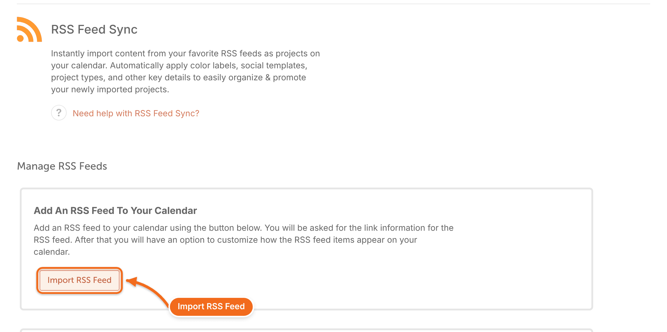 RSS Feed Sync settings page with the Import RSS Feed button.