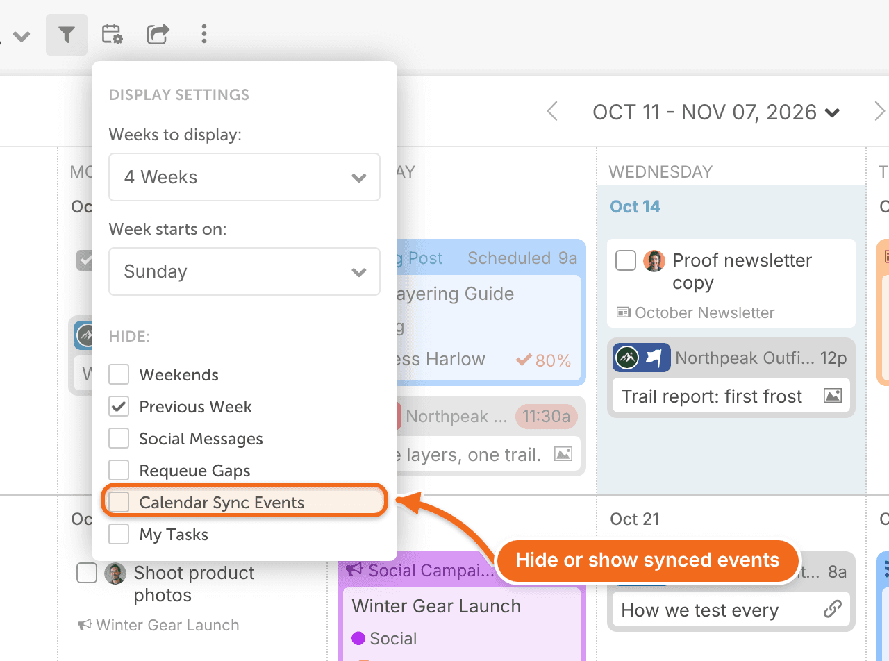 Calendar display settings with the Calendar Sync Events option for hiding or showing synced calendar events.