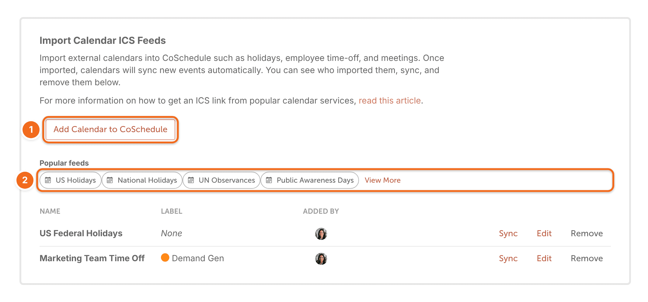 Calendar Sync import section with Add Calendar to CoSchedule and popular feed options.