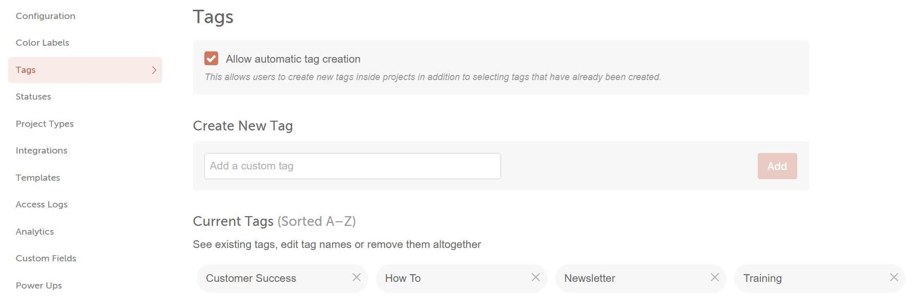 Tags settings listing the calendar's tags, where you click a tag to rename it or the X to delete it.