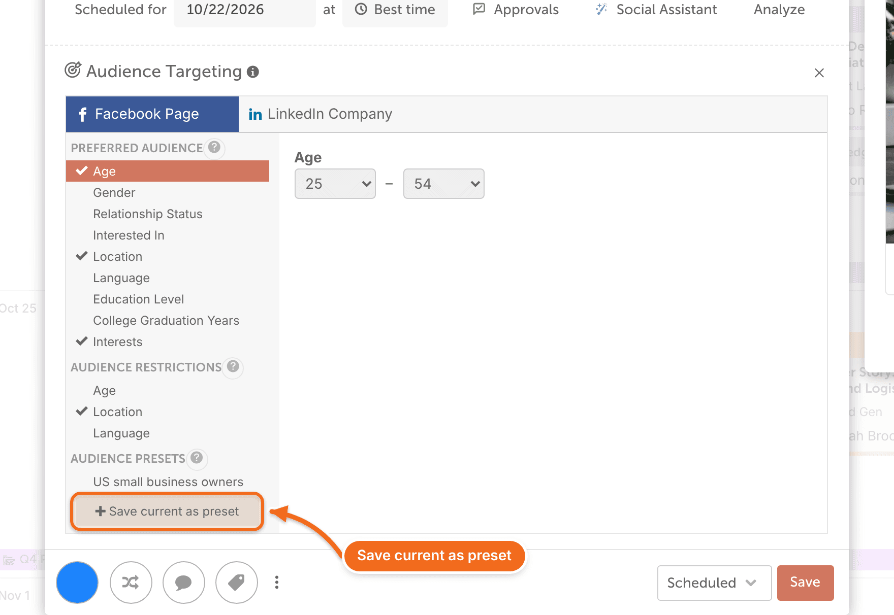 Audience targeting in a social message with Save current as preset to reuse the chosen parameters.