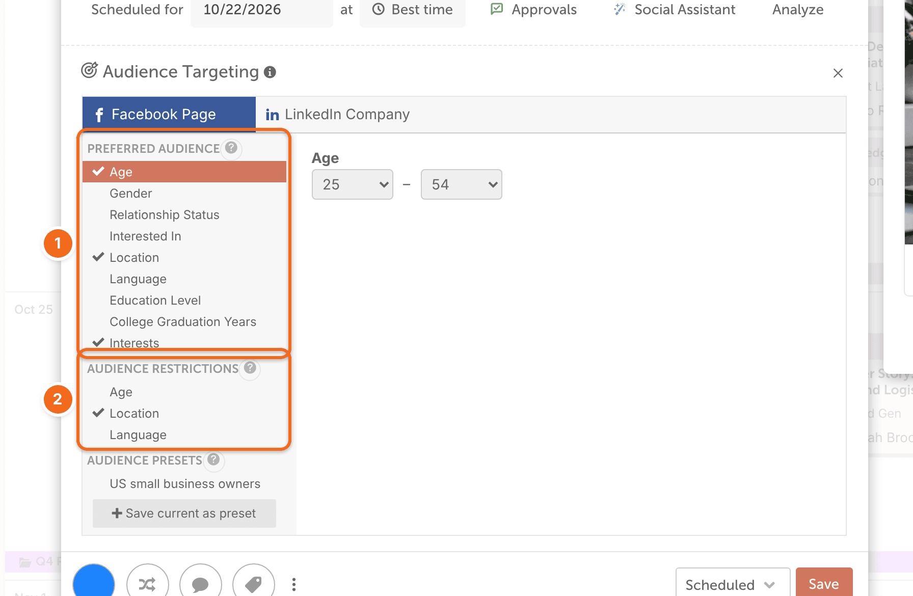 Audience Targeting in a social message, with Preferred Audience and Audience Restrictions options for a Facebook Page.