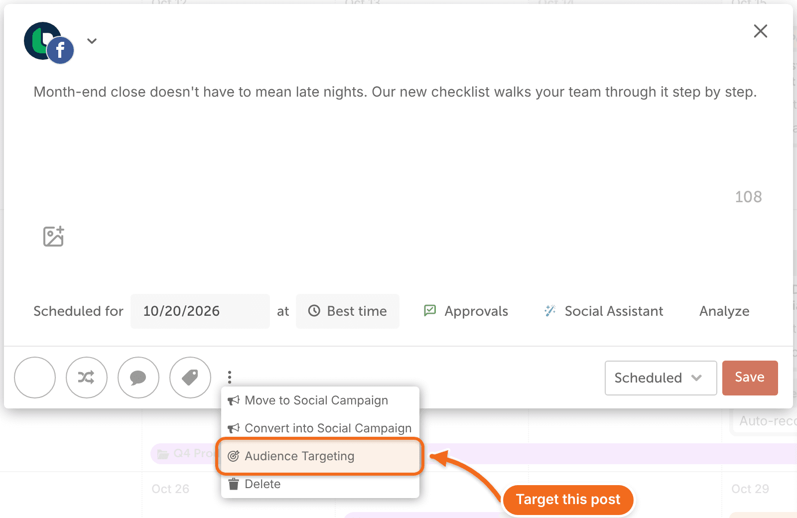 Social message with a Facebook Page selected and the three-dot menu open, with "Audience Targeting" highlighted.