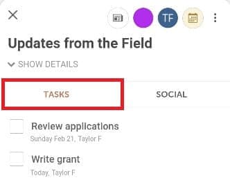 Project open in the CoSchedule mobile app with Tasks selected, listing the project's tasks.
