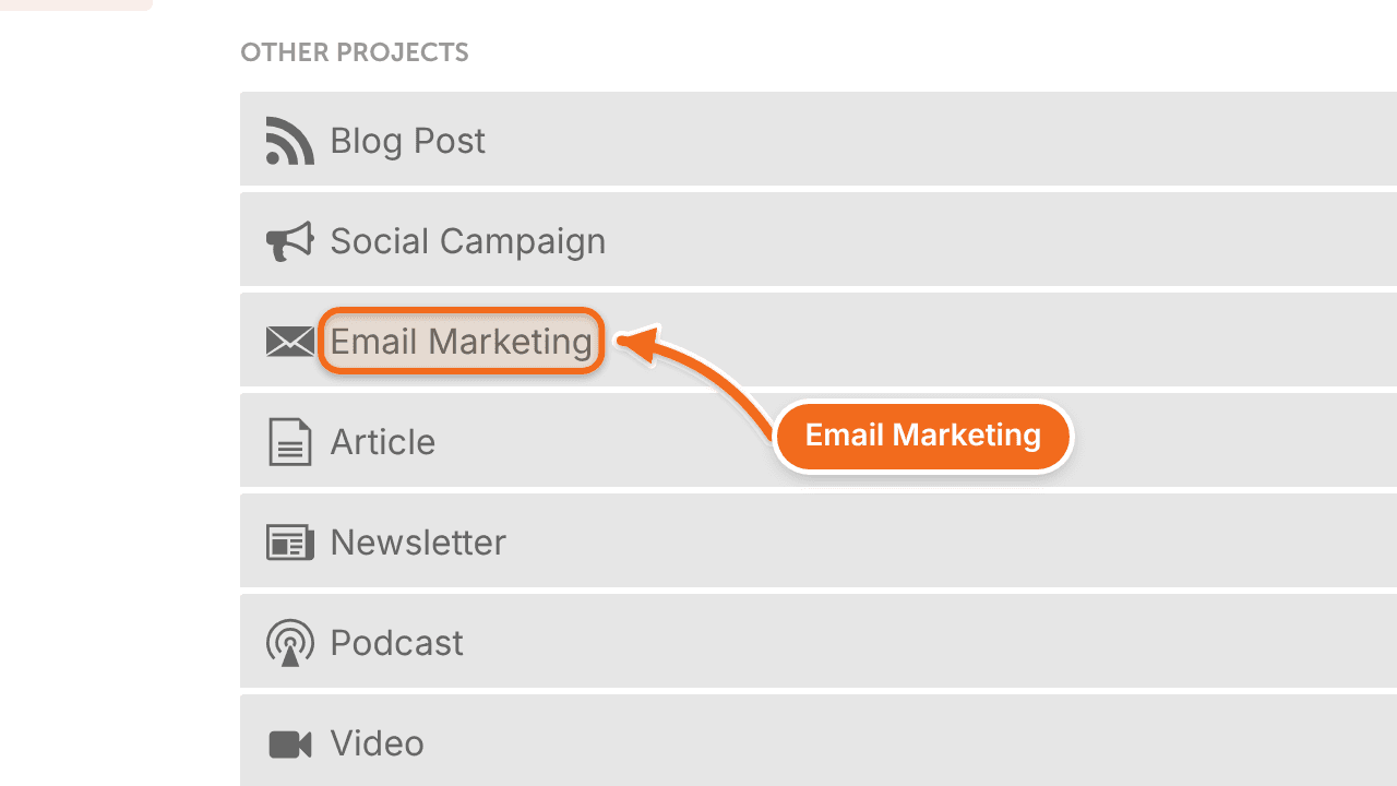 Project Types settings with the Email Marketing project type.