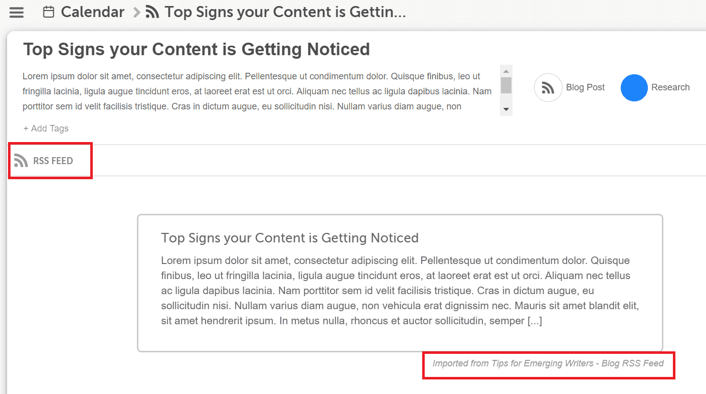 Projects imported from an RSS feed shown on the CoSchedule calendar.