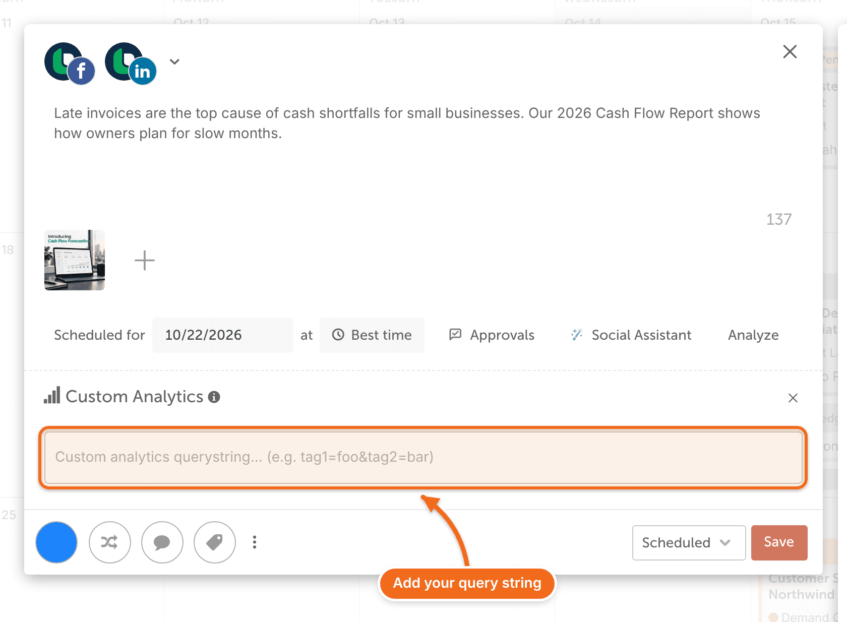 Empty Custom Analytics field in a social message, ready for a query string like tag1=foo&tag2=bar.