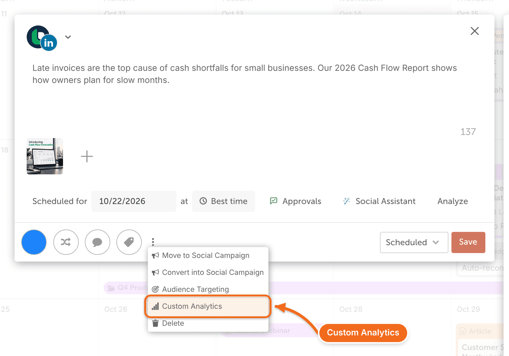 A social message's additional options menu with Custom Analytics listed, ready to click.