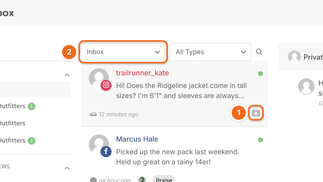The archive icon on an open Social Inbox item, and the Inbox filter used to switch to Archived items.