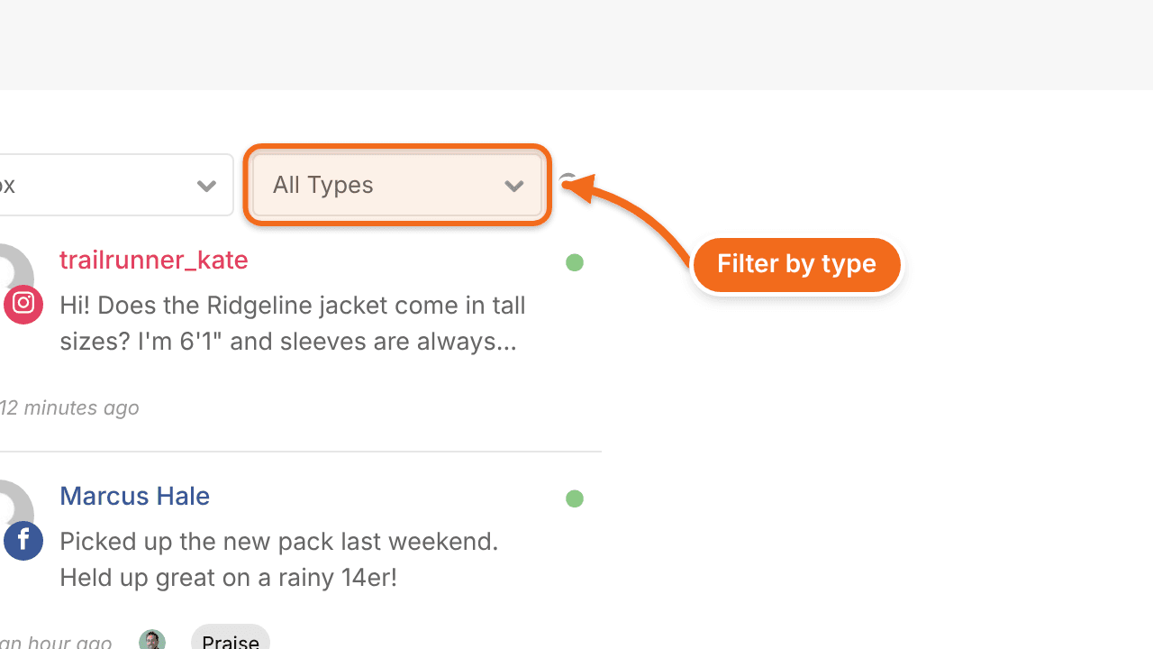 The All Types filter at the top of Social Inbox, used to show one type of item, such as comments or private messages.