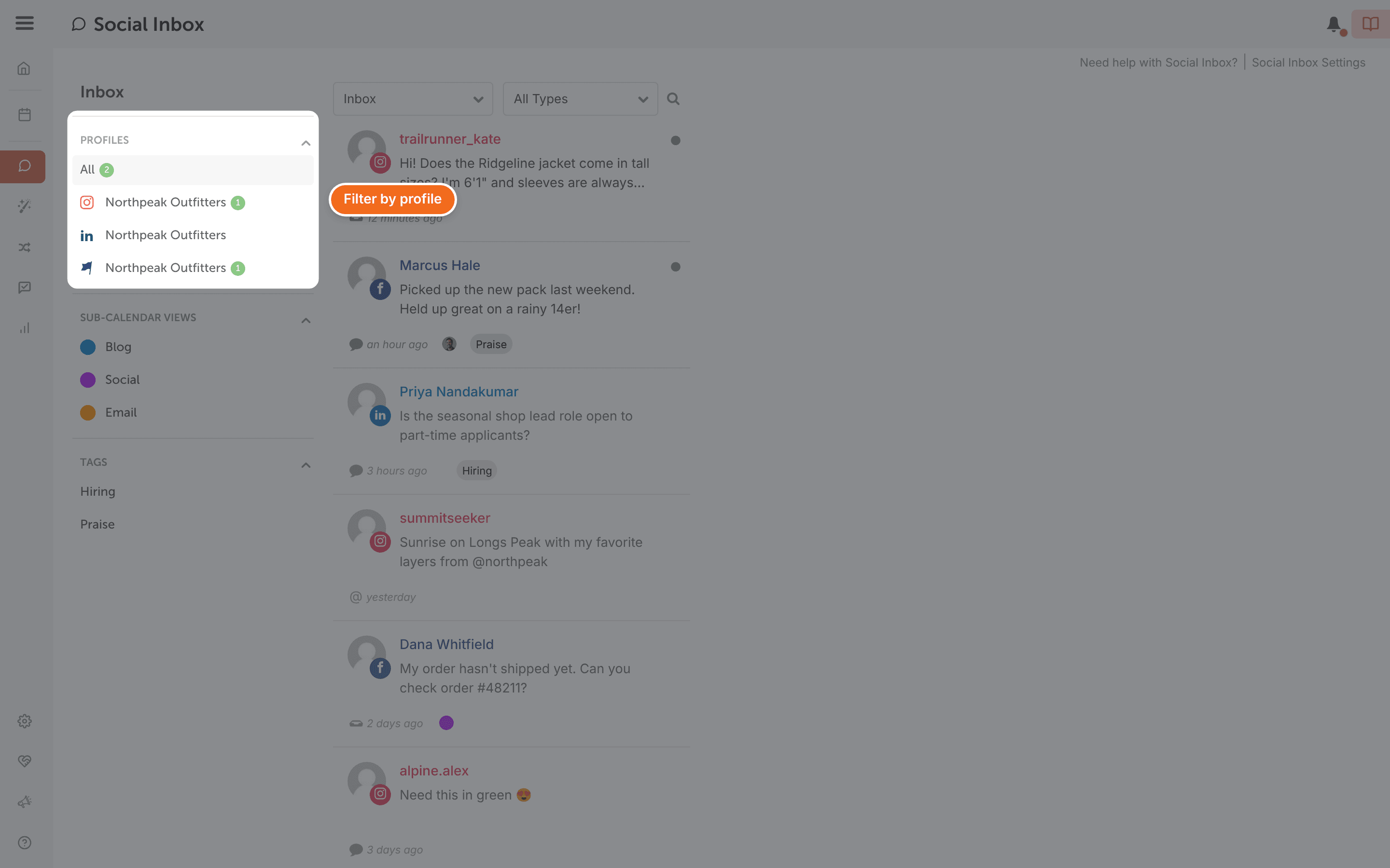 Social Inbox with the social profiles listed on the left, each with its unread count, for filtering the items shown.