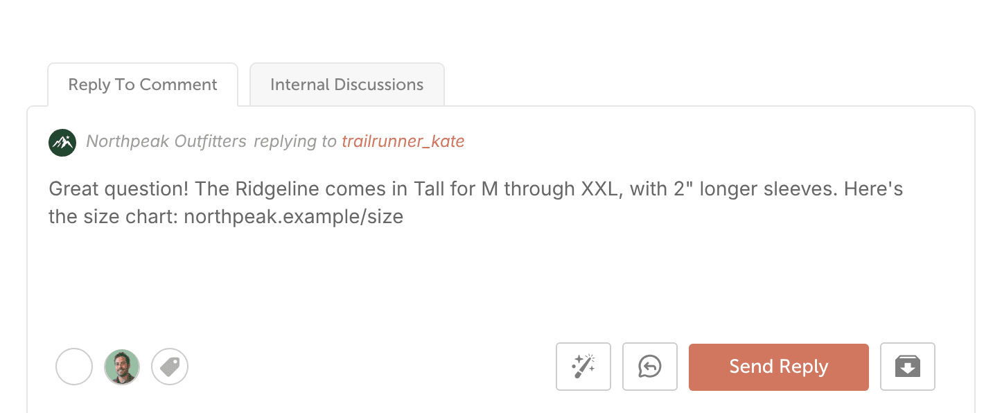 An open item in Social Inbox with the reply box below it, ready to like, reply or assign the conversation.