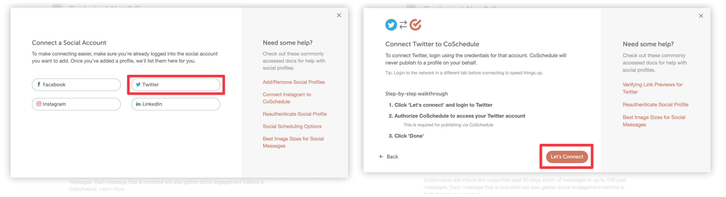 Connect Social Profile menu in CoSchedule with Twitter selected and the Let's Connect button