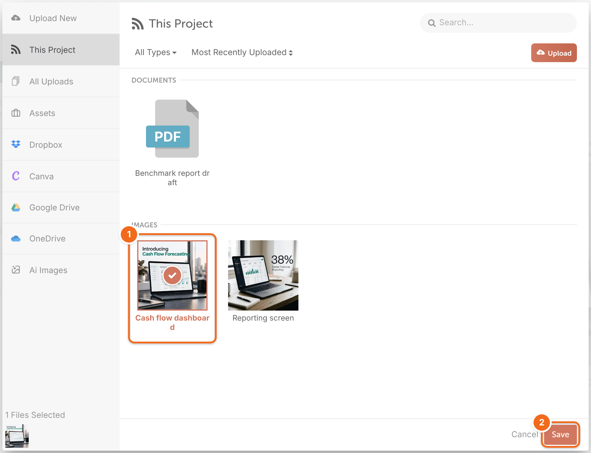 Media library on the This Project tab, with an uploaded file selected and the Save button.
