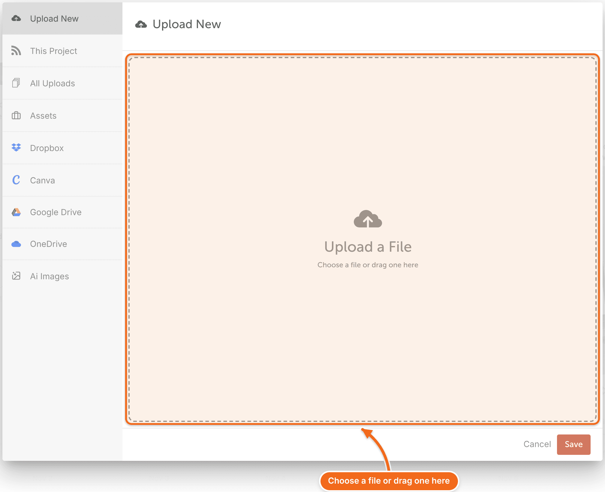 Media library open on Upload New, with a box to choose a file or drag one in to add it to the project.