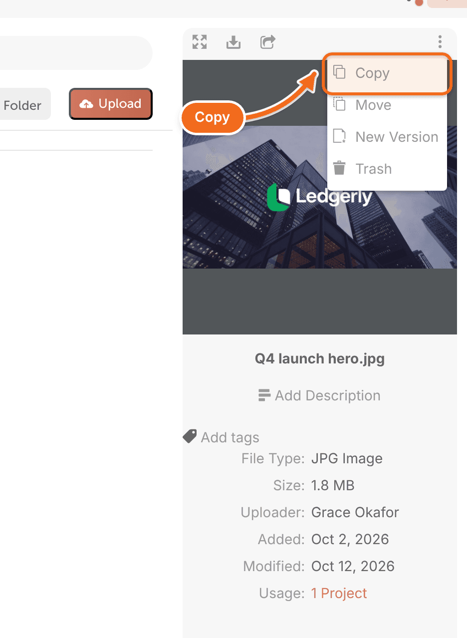 The file options menu in Assets with Copy.