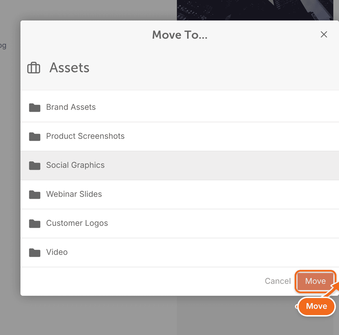 The Move to window in Assets, with a destination folder chosen and the Move button.