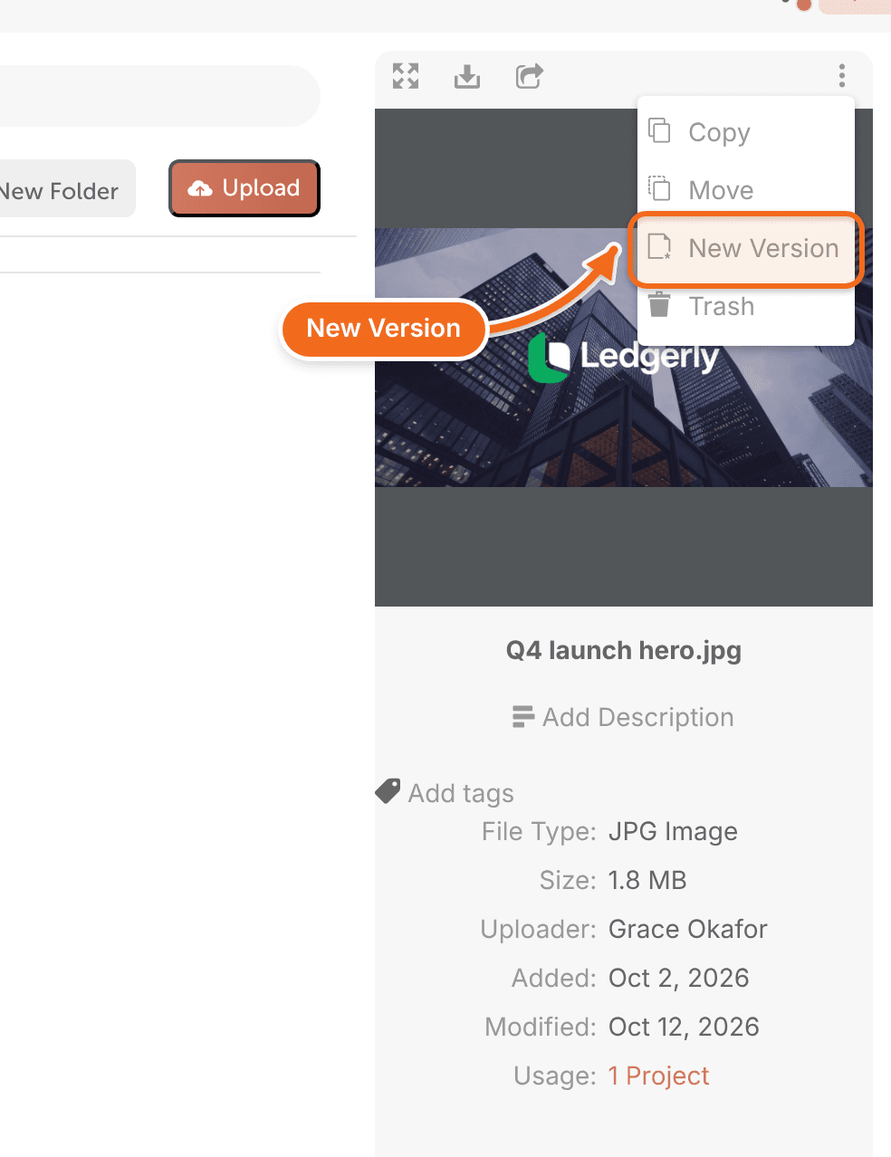 The file options menu in Assets with New Version.
