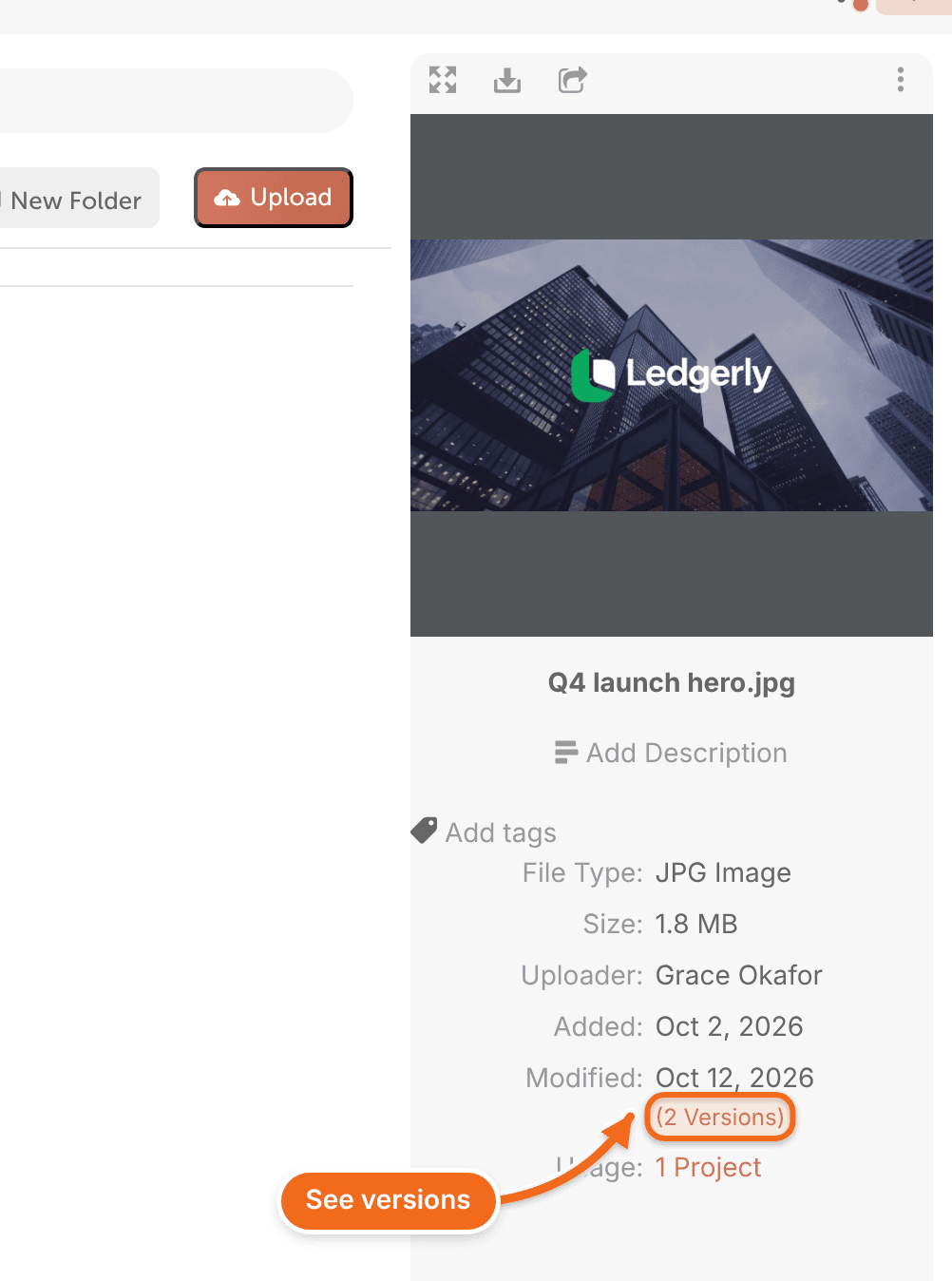 A file's details in Assets with the Modified date and the Versions link.