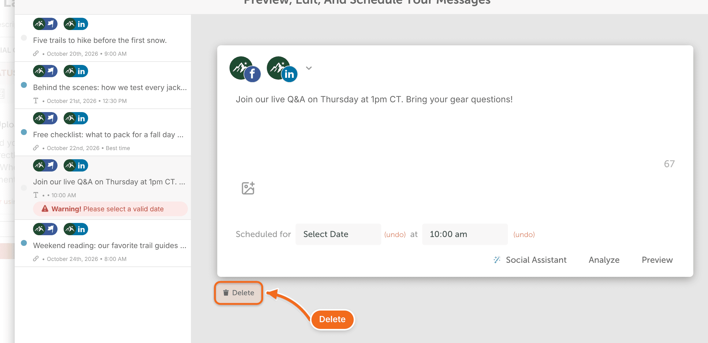 Delete button on an uploaded message in the bulk upload editor.