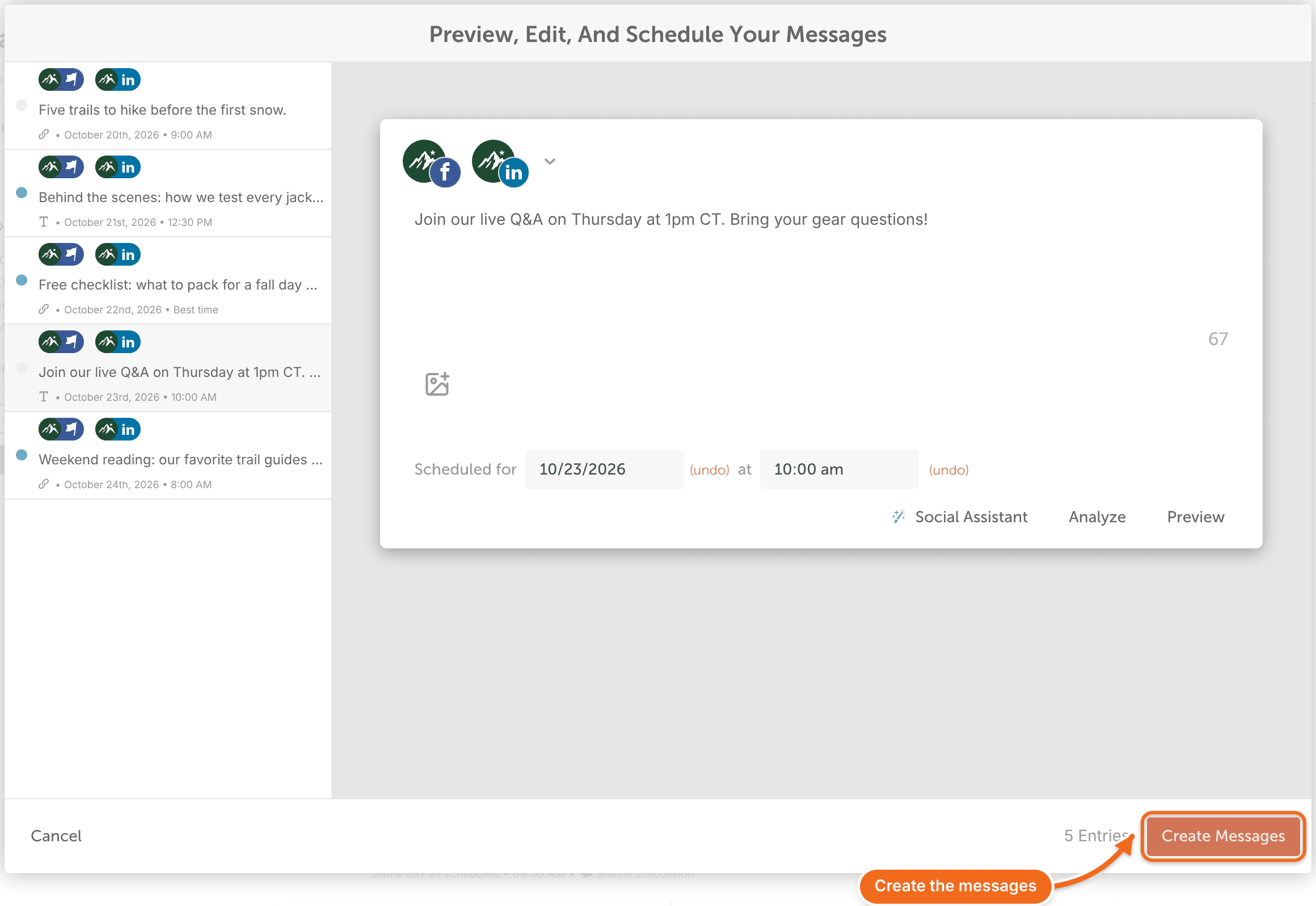 The bulk upload editor with the uploaded messages listed and the Create Messages button.