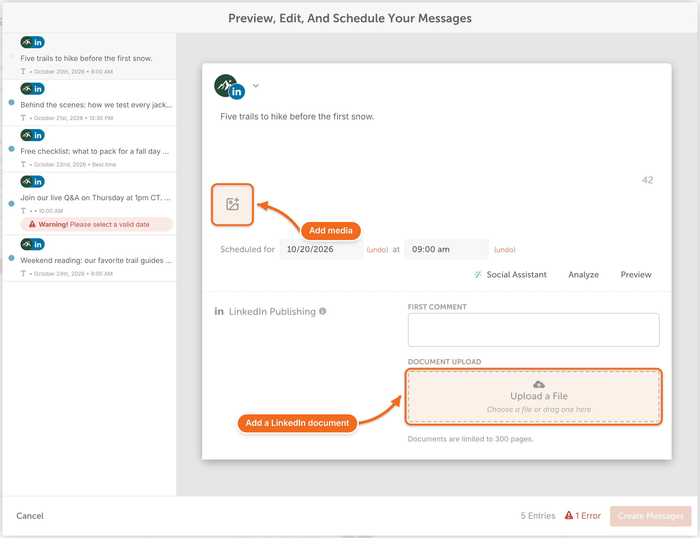 Bulk upload editor "Preview, Edit, And Schedule Your Messages" with "Add media" and the LinkedIn "Upload a File" box.