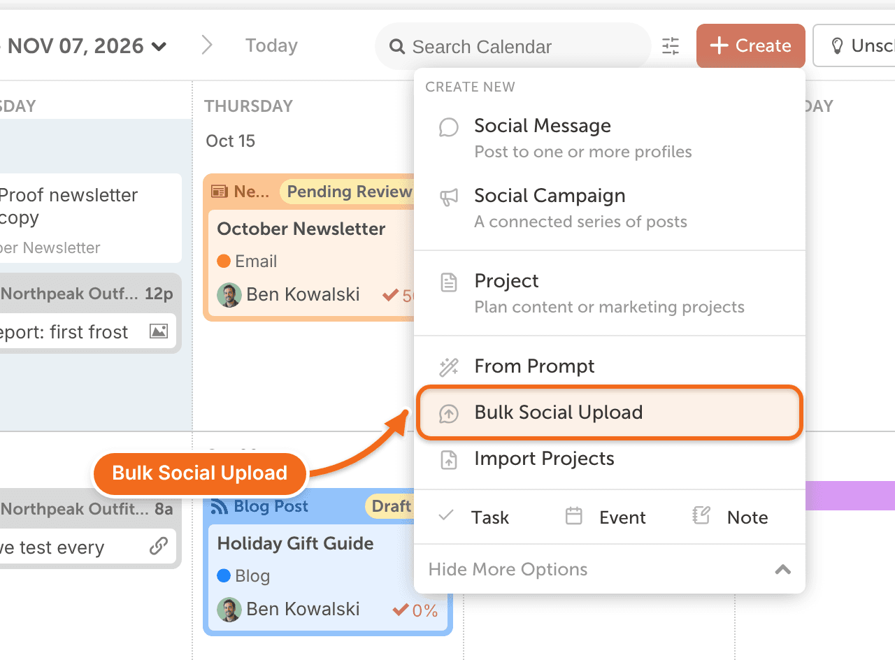 The Create menu on the calendar with Bulk Social Upload, which opens the CSV upload.