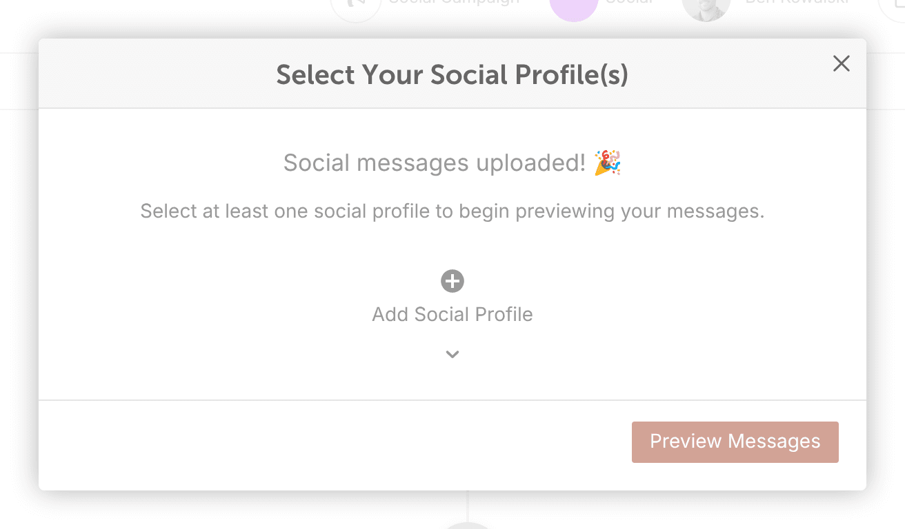 The bulk upload window in a social campaign, choosing the social profiles for the uploaded messages.