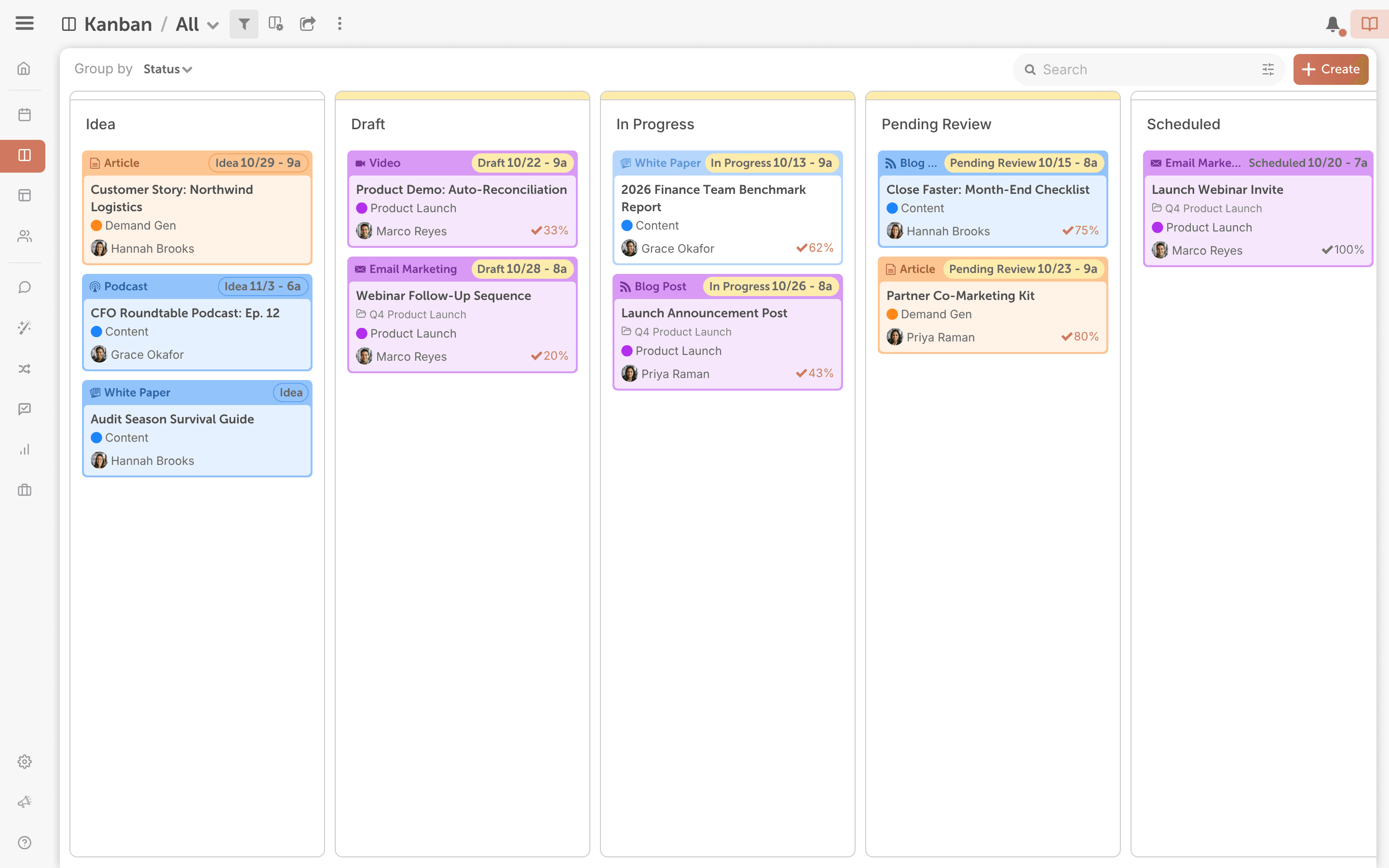 The Kanban Dashboard grouped by "Status", with projects in "Idea", "Draft", "In Progress", "Pending Review" and "Scheduled".