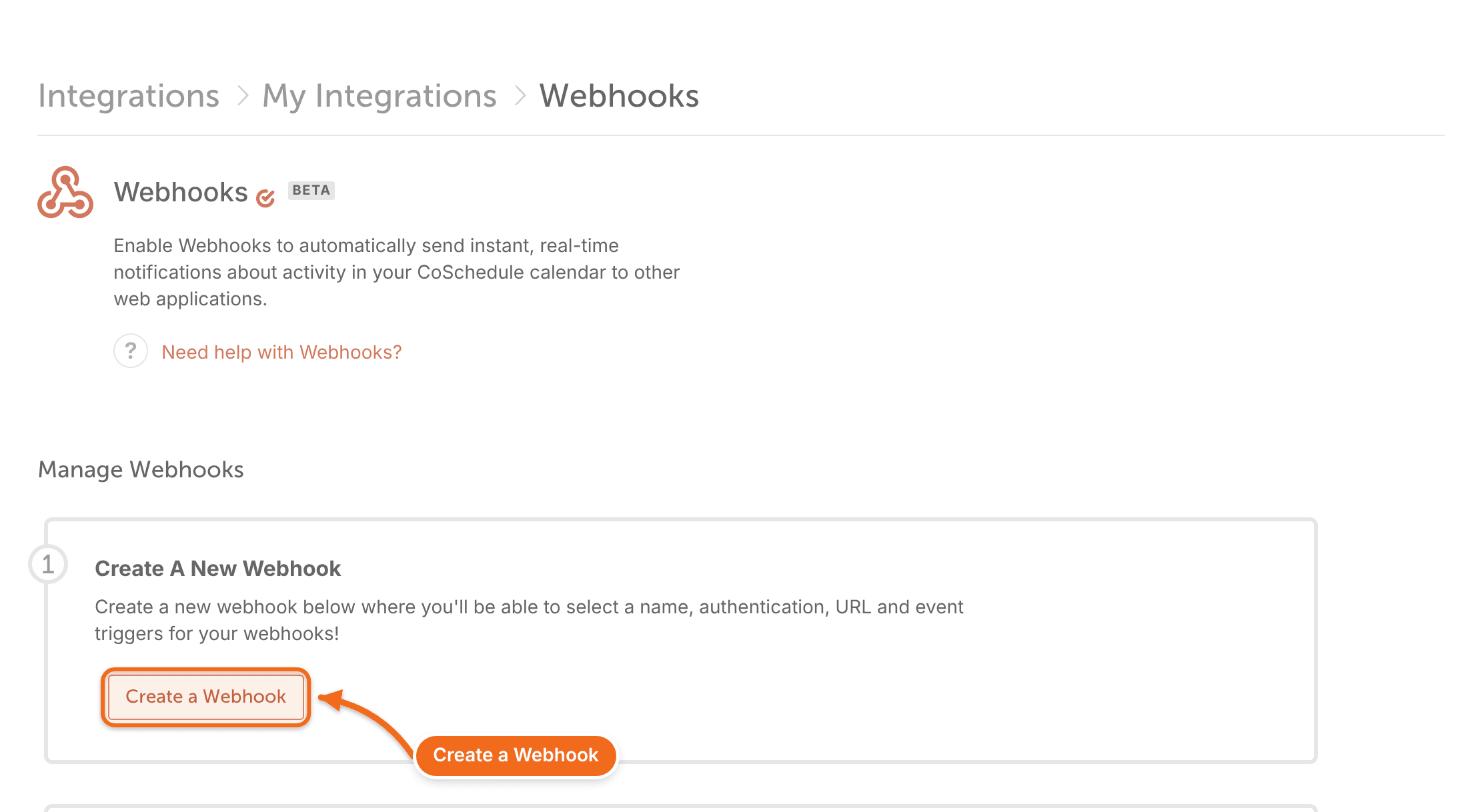 Webhooks page in CoSchedule's Settings > Integrations with the Create Webhook button.