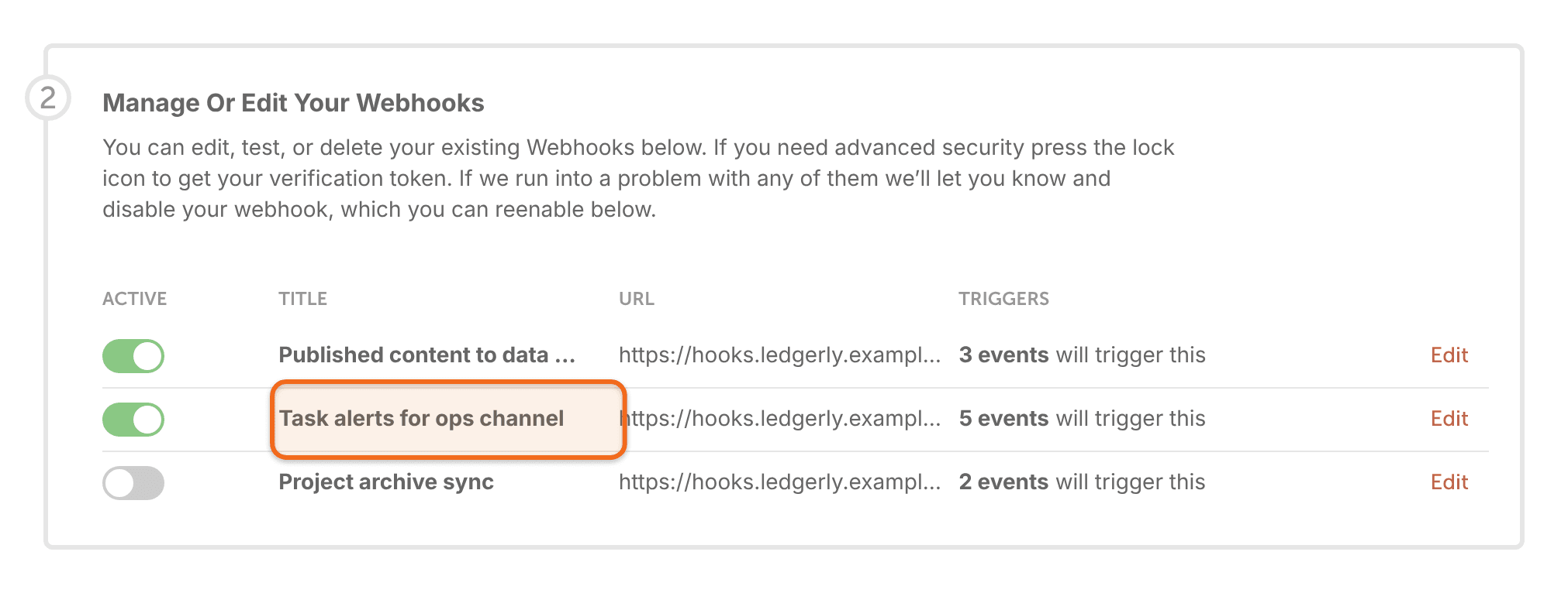 List of a calendar's webhooks, where you click a webhook's name to edit it.