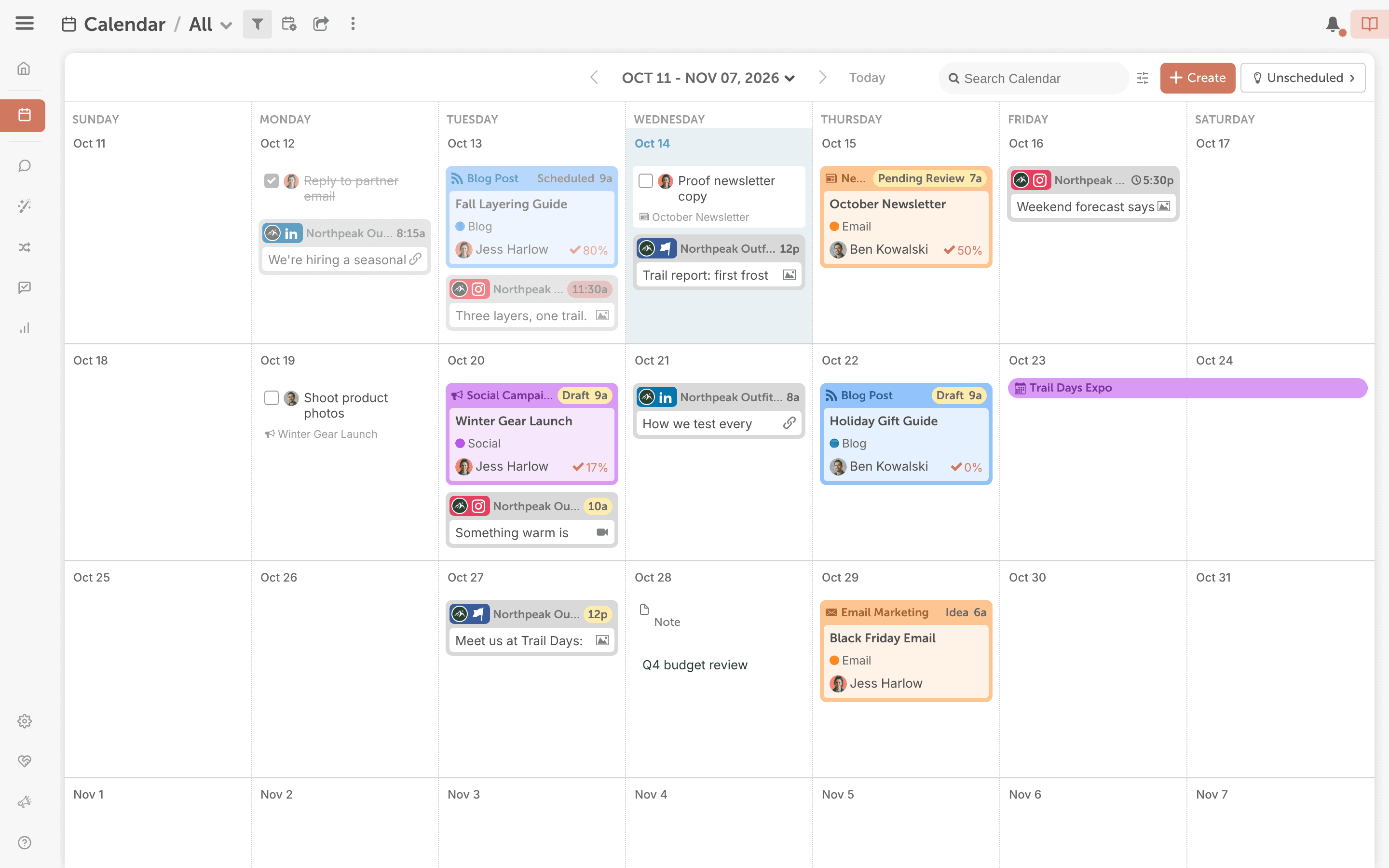 The calendar with projects and social messages on their dates, plus "Search Calendar", "Create" and "Unscheduled".